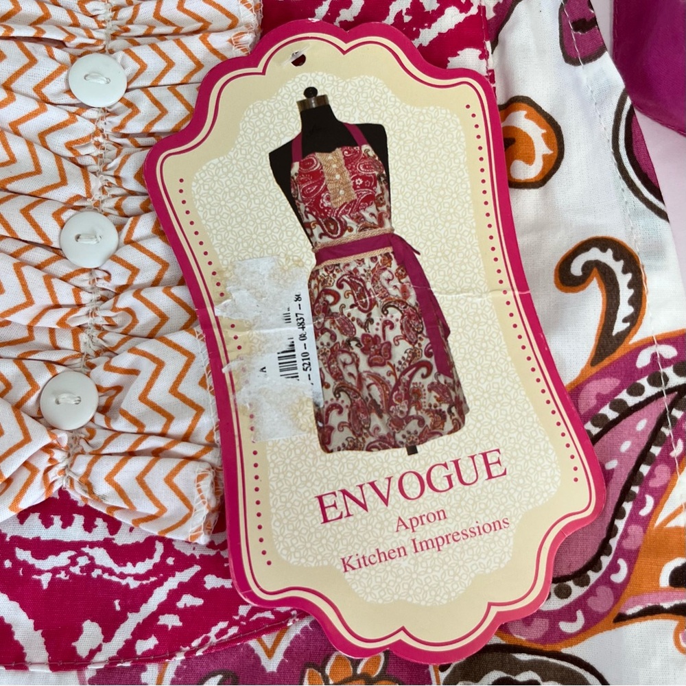 Simply ENVOGUE Full Apron Bib Cotton Paisley Pink Orange Kitchen Impressions NWT - Picture 2 of 11